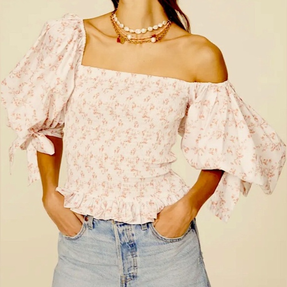 Caroline Constas blush and Off White Puff Sleeve Off Shoulder Floral Smock Top/M